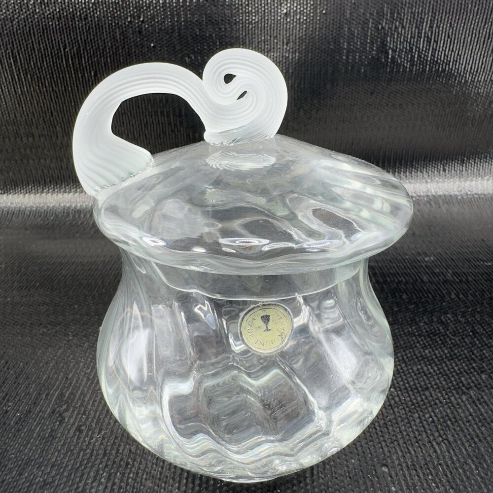 Vintage Romanian Art Glass Sugar Bowl Container Clear Swirl Lid Made In Romania